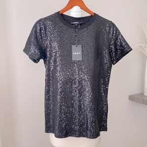 DKNY Crew Neck Short Sleeve Black Sequin Stretch Tee Top, size Small New